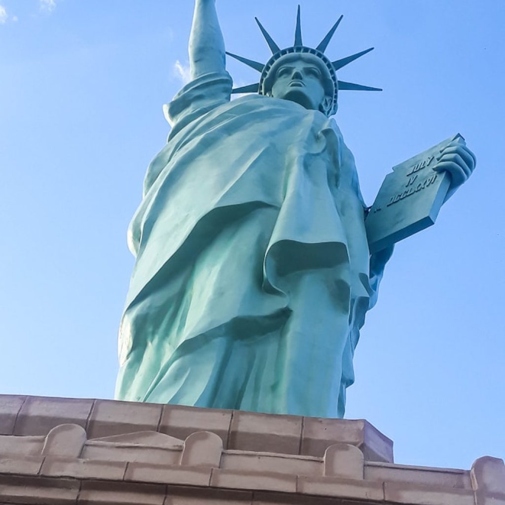 a view of the statue of liberty from below