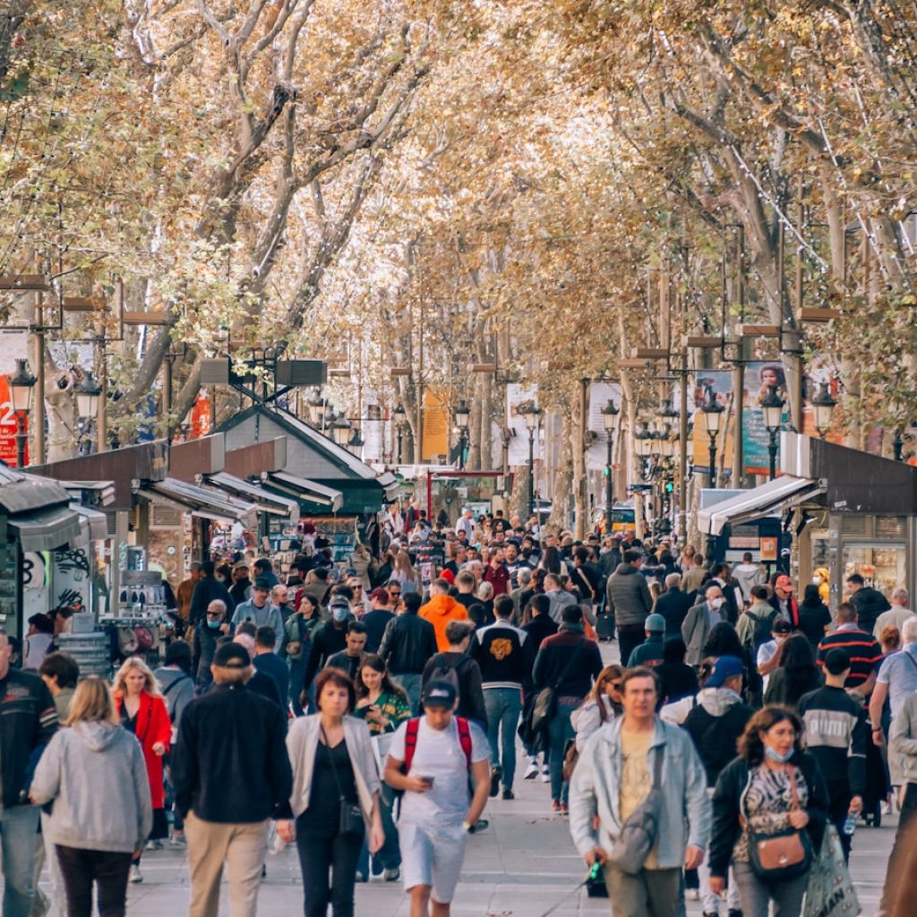 a crowd of people walking down a street